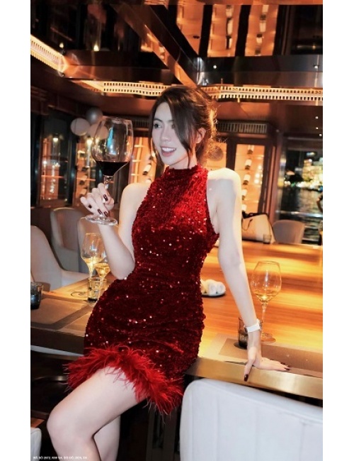 Đầm Kim Sa Cổ Lọ Sát Nách Lai Lông Đà Điểu - 2672