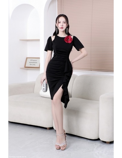 Đầm Tay Ngắn Hở Vai Lai Dún Lên Tới Eo - 2678