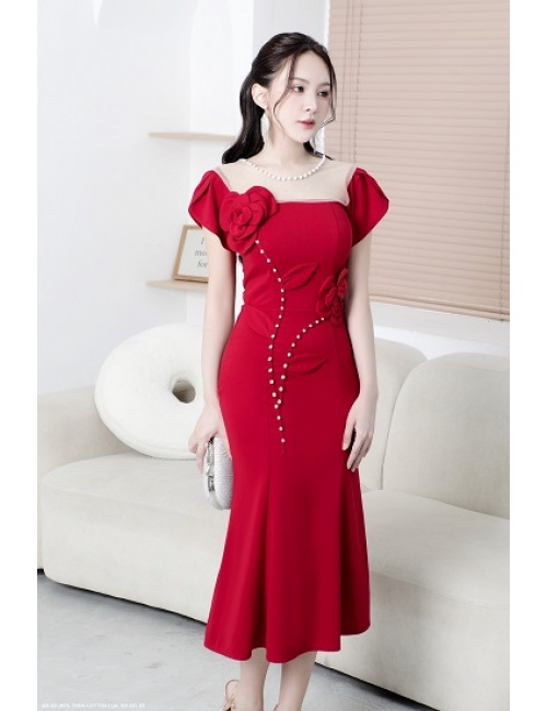 Đầm Cổ Vuông Thân Kết Cườm Đính Hoa Hồng Một Bên Ngực Và Eo - 2679