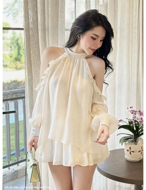 Bộ Áo Tay Dài Hở Vai Và Váy Dún Xinh Xắn - 2696