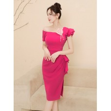 ĐẦM ÔM CỔ XÉO DÚN EO NGỰC ĐÍNH HOA HỒNG  - 2719