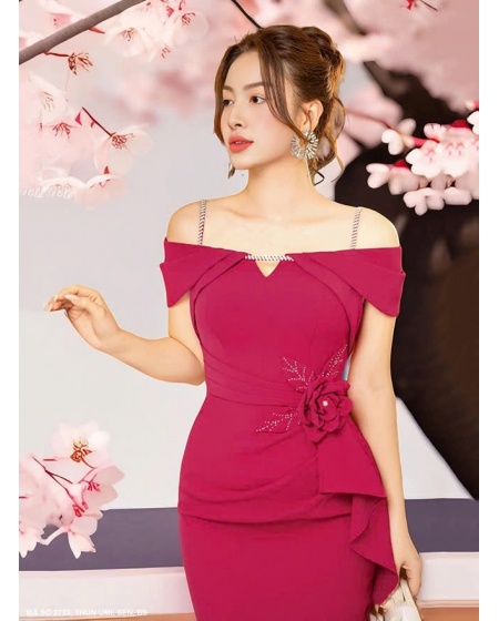 ĐẦM ÔM 2 DÂY TAY XẾP EO ĐÍNH HOA HỒNG - 2723
