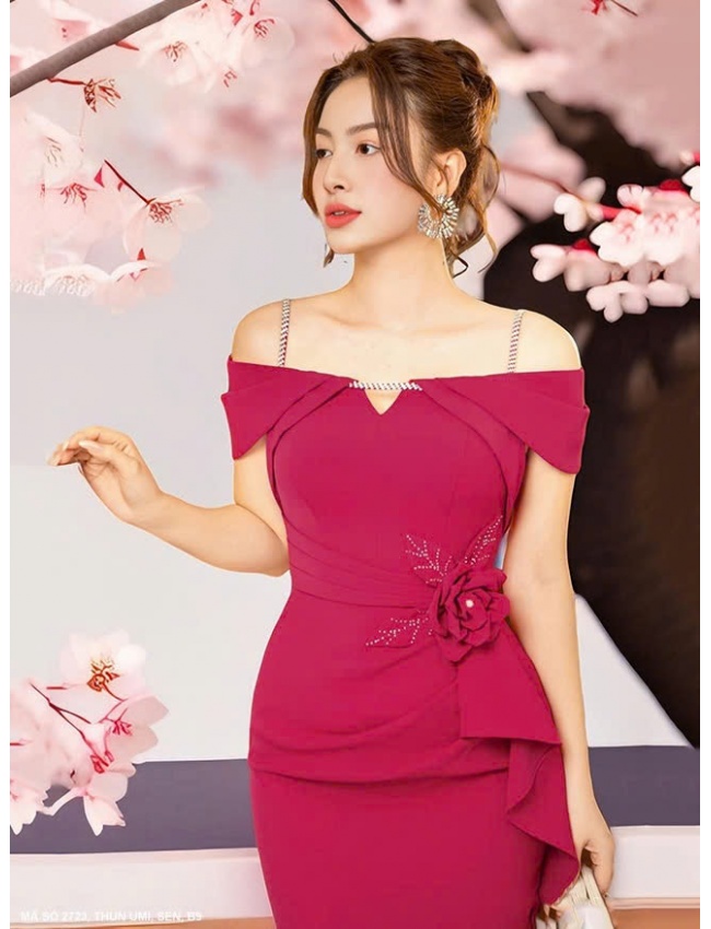 Đầm Ôm 2 Dây Tay Xếp Eo Đính Hoa Hồng - 2723