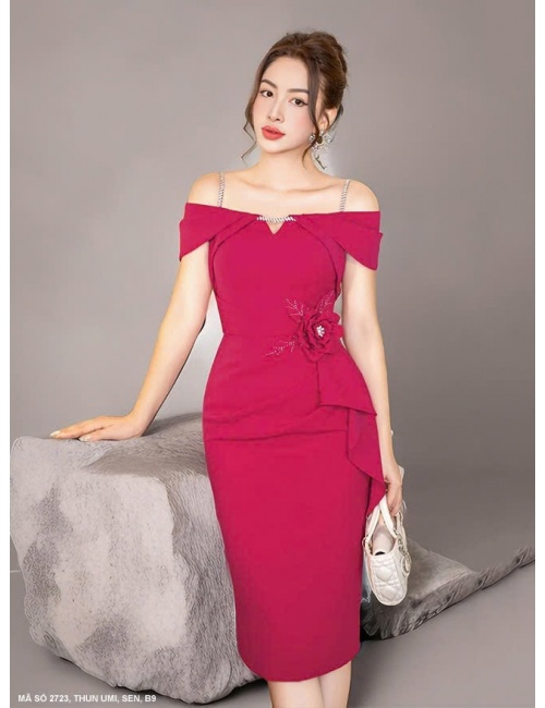 Đầm Ôm 2 Dây Tay Xếp Eo Đính Hoa Hồng - 2723