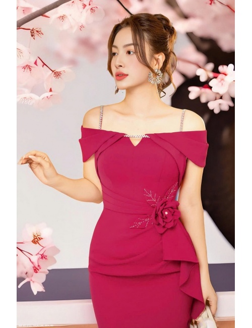 Đầm Ôm 2 Dây Tay Xếp Eo Đính Hoa Hồng - 2723