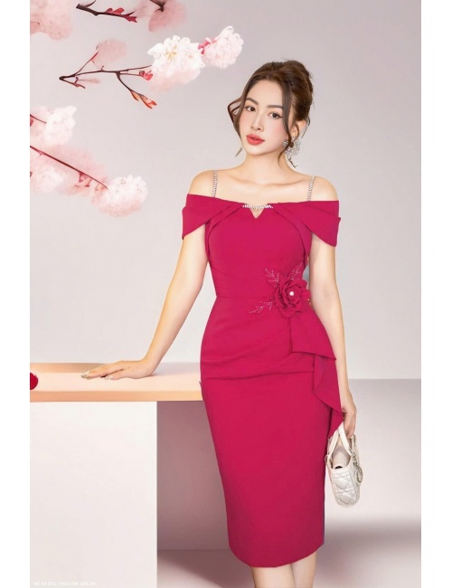 Đầm Ôm 2 Dây Tay Xếp Eo Đính Hoa Hồng - 2723