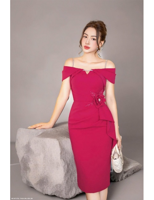 Đầm Ôm 2 Dây Tay Xếp Eo Đính Hoa Hồng - 2723