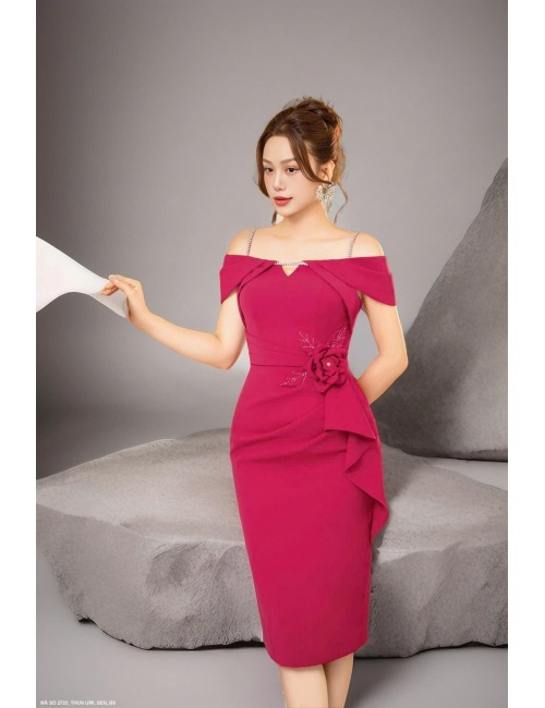 Đầm Ôm 2 Dây Tay Xếp Eo Đính Hoa Hồng - 2723