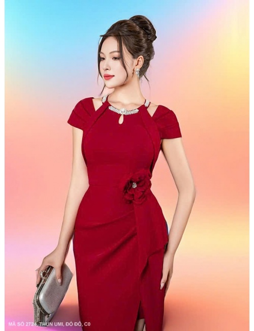 Đầm Ôm Cổ Chữ V Kết Xoàn Hoa Eo - 2724