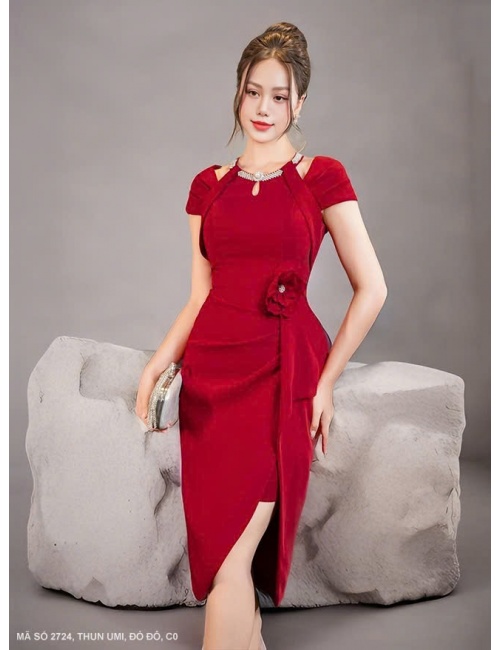 Đầm Ôm Cổ Chữ V Kết Xoàn Hoa Eo - 2724