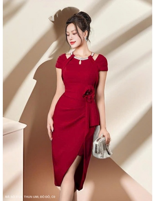 Đầm Ôm Cổ Chữ V Kết Xoàn Hoa Eo - 2724