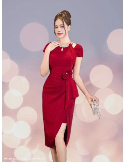 Đầm Ôm Cổ Chữ V Kết Xoàn Hoa Eo - 2724