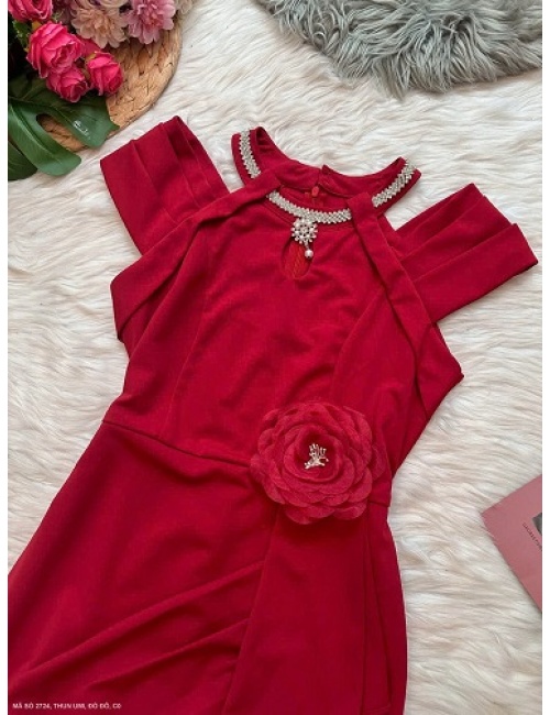 Đầm Ôm Cổ Chữ V Kết Xoàn Hoa Eo - 2724