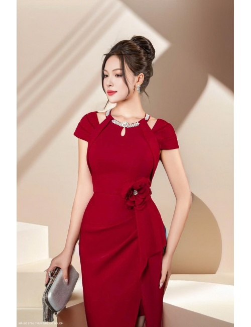 Đầm Ôm Cổ Chữ V Kết Xoàn Hoa Eo - 2724