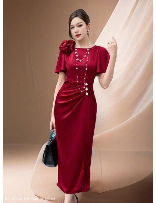 Đầm Đính Hoa Vai Tay Ngắn - 2728