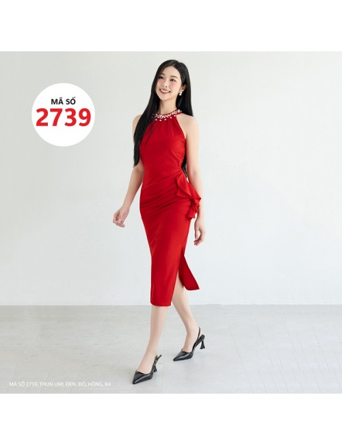 Đầm Yếm Ôm Cổ Kết Hạt Sang Trọng Và Eo Kết Dún Bèo Xinh Xắn - 2739