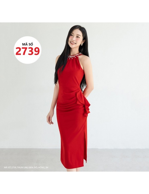 Đầm Yếm Ôm Cổ Kết Hạt Sang Trọng Và Eo Kết Dún Bèo Xinh Xắn - 2739