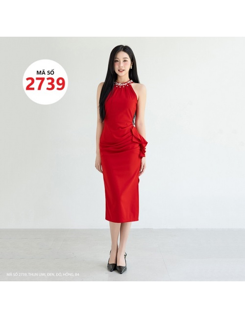 Đầm Yếm Ôm Cổ Kết Hạt Sang Trọng Và Eo Kết Dún Bèo Xinh Xắn - 2739