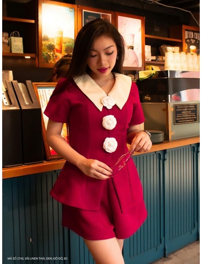 Bộ Áo Và Quần Ngắn Cổ Áo Phối Màu Xinh Xắn - 2745
