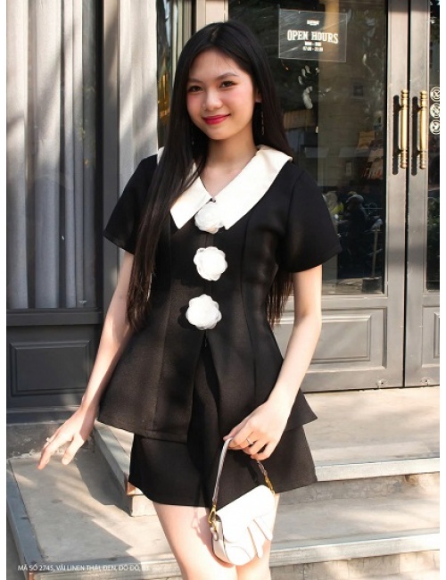 Bộ Áo Và Quần Ngắn Cổ Áo Phối Màu Xinh Xắn - 2745