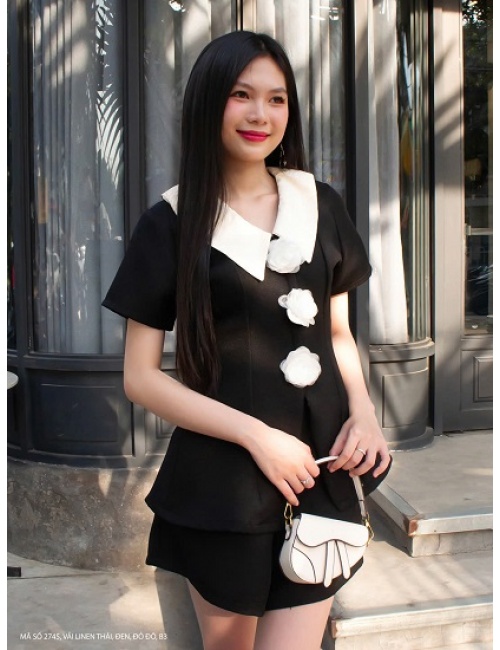 Bộ Áo Và Quần Ngắn Cổ Áo Phối Màu Xinh Xắn - 2745