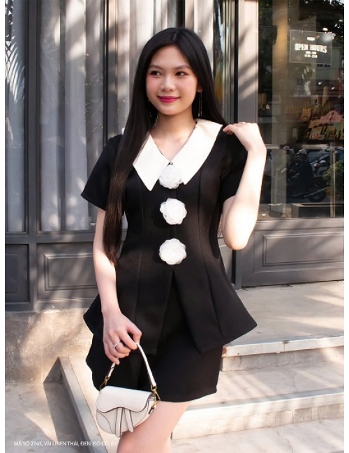 Bộ Áo Và Quần Ngắn Cổ Áo Phối Màu Xinh Xắn - 2745