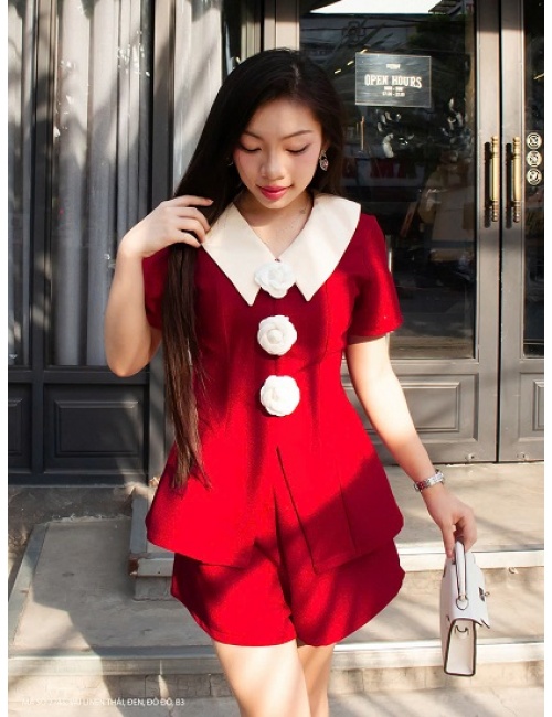 Bộ Áo Và Quần Ngắn Cổ Áo Phối Màu Xinh Xắn - 2745