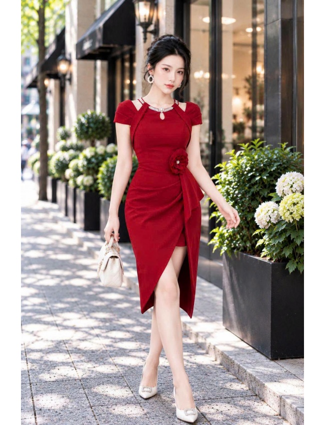 Đầm Ôm Cổ Chữ V Kết Xoàn Hoa Eo - 2724