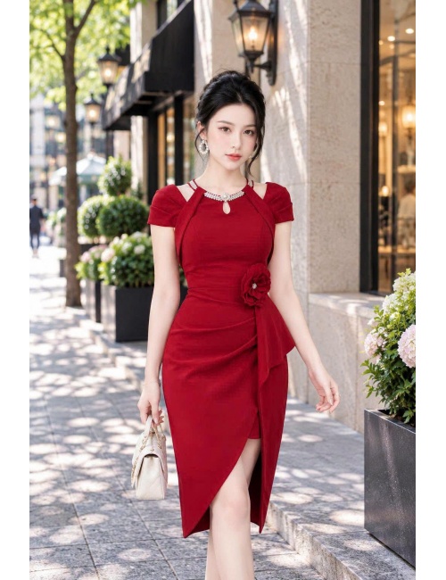Đầm Ôm Cổ Chữ V Kết Xoàn Hoa Eo - 2724