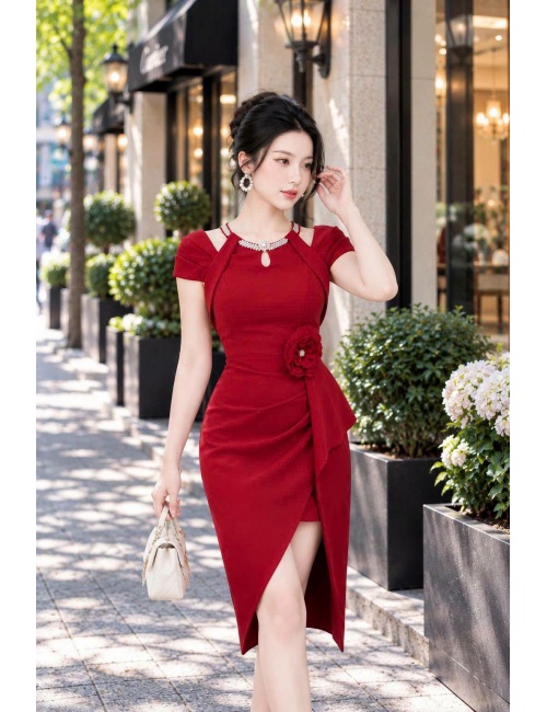 Đầm Ôm Cổ Chữ V Kết Xoàn Hoa Eo - 2724