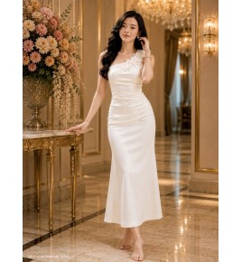 ĐẦM DẠ HỘ XÉO VAI KẾT HOA SANG TRỌNG - 2734