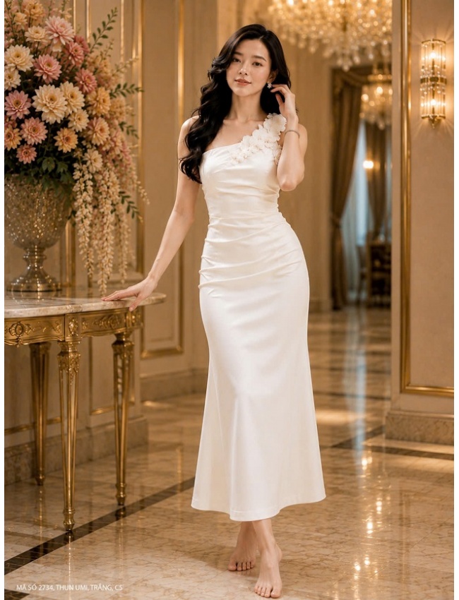 Đầm Dạ Hội Xéo Vai Kết Hoa Sang Trọng - 2734