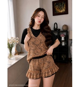 BỘ ÁO VÀ QUẦN NGẮN VẢI THUN BÊN NGOÀI ĐẮP REN  -2771