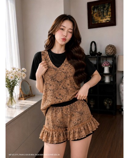 BỘ ÁO VÀ QUẦN NGẮN VẢI THUN BÊN NGOÀI ĐẮP REN  -2771