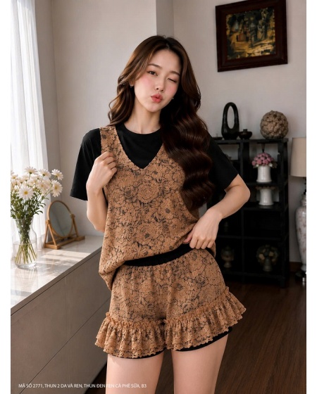 BỘ ÁO VÀ QUẦN NGẮN VẢI THUN BÊN NGOÀI ĐẮP REN  -2771