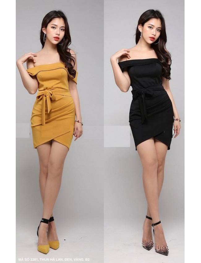 Đầm Trễ Vai Thắt Nơ Eo Lai Chéo Sang Trọng - 2281