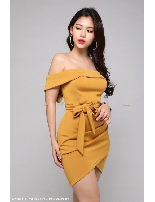 Đầm Trễ Vai Thắt Nơ Eo Lai Chéo Sang Trọng - 2281