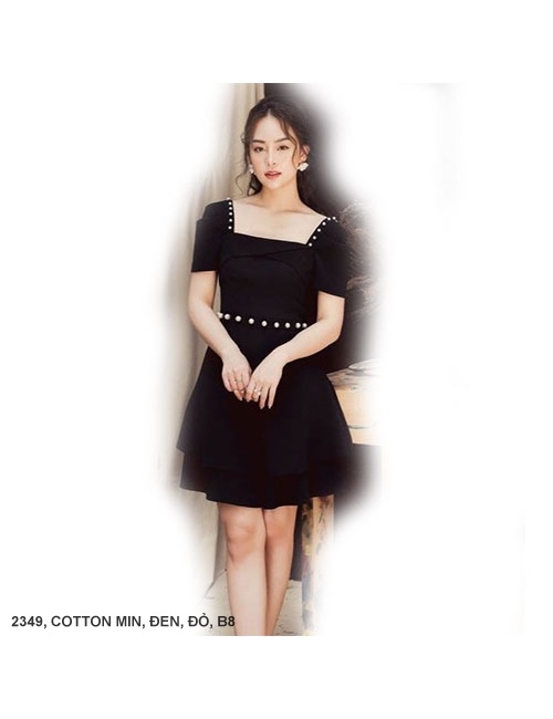 Đầm Cổ Vuông Tay Ngắn Kết Cườm Eo Vào Vòng Vai - 2349