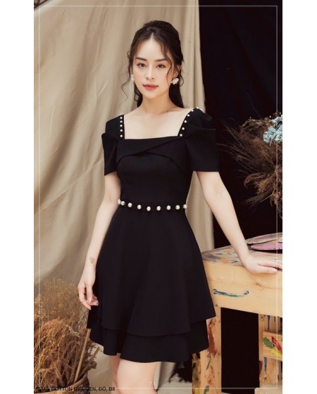 Đầm Cổ Vuông Tay Ngắn Kết Cườm Eo Vào Vòng Vai - 2349