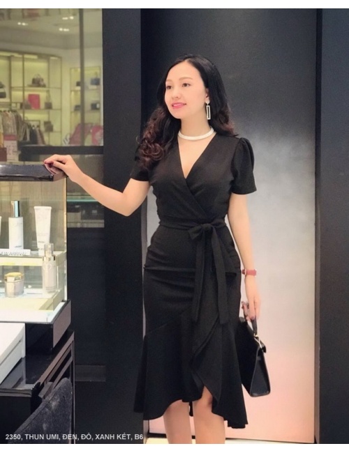 Đầm Cổ Tim Chéo Tay Ngắn Eo Thắt Nơ - 2350