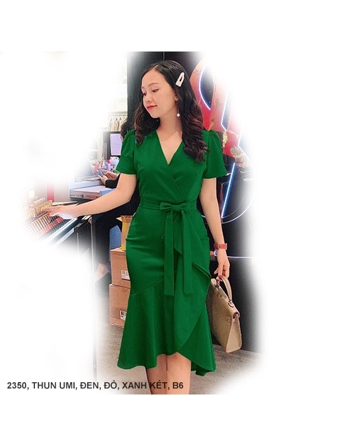 Đầm Cổ Tim Chéo Tay Ngắn Eo Thắt Nơ - 2350