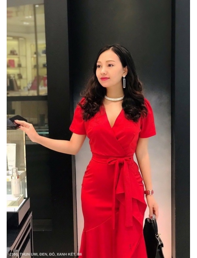 ĐẦM CỔ TIM CHÉO TAY NGẮN EO THẮT NƠ - 2350