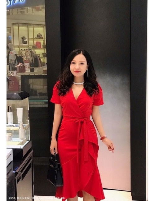 Đầm Cổ Tim Chéo Tay Ngắn Eo Thắt Nơ - 2350