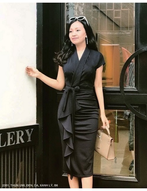 Đầm Cổ Tim Chéo Tay Ngắn Dún Từ Eo Xuống Lai - 2351
