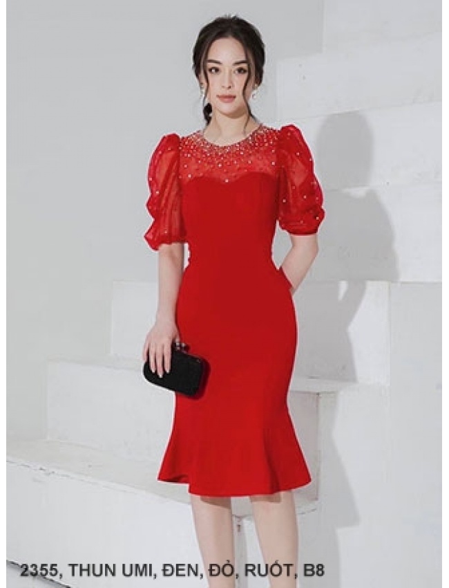 ĐẦM ÔM DÚN LAI CÚP NGỰC PHỐI REN TAY NGẮN - 2355