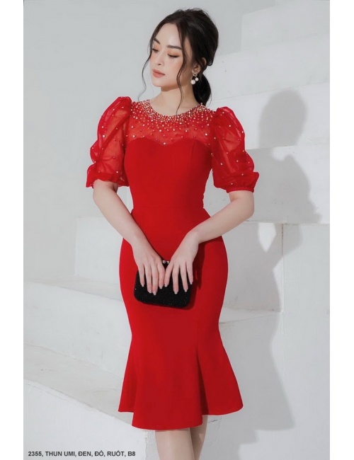 Đầm Ôm Dún Lai Cúp Ngực Phối Ren Tay Ngắn - 2355