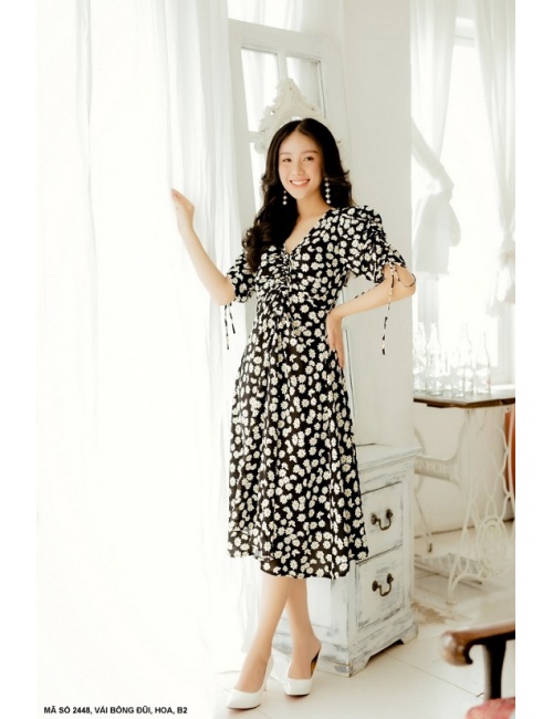Đầm Hoa Xòe Tay Dún Rút Dây - 2448