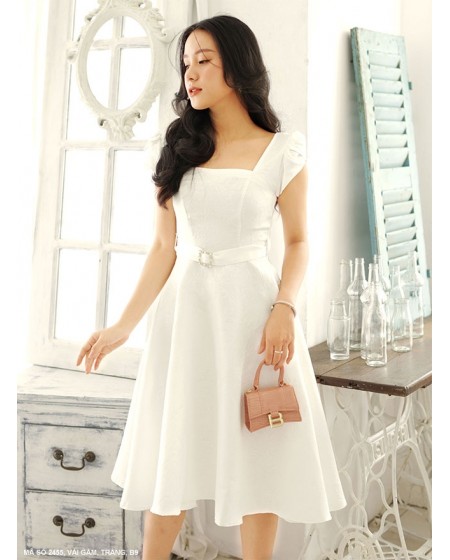 ĐẦM XÒE CỔ VUÔNG TAY NGẮN THẮT NƠ LƯNG - 2455