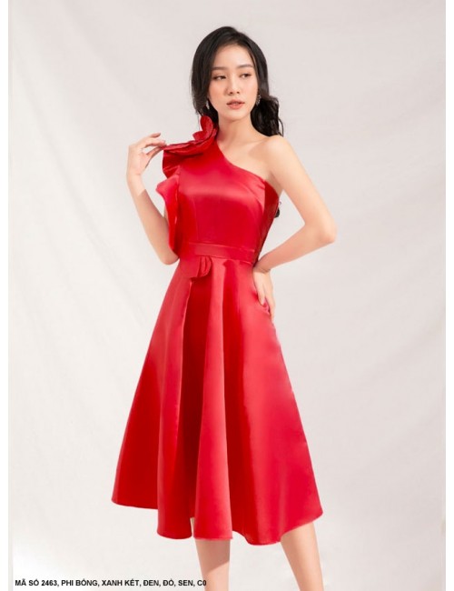 Đầm Xòe Cổ Xéo Vai Đính Hoa Lớn - 2463