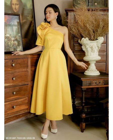 Đầm Xòe Dài Vai Xéo Đính Hoa Hồng - 2467